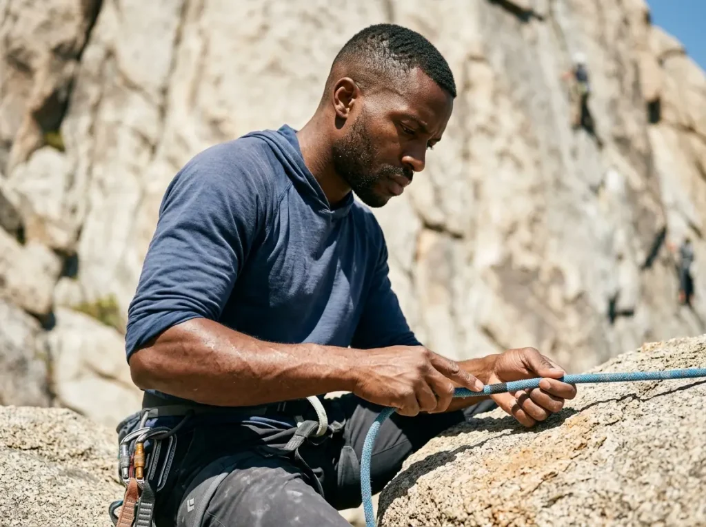 Climber inspecting rope at marked section — examining sheath integrity at the middle mark zone
