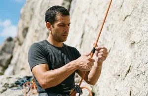 What the Climbing Rope Middle Mark Really Tells You Climber inspecting climbing rope middle mark at granite crag before leading sport route — safety check