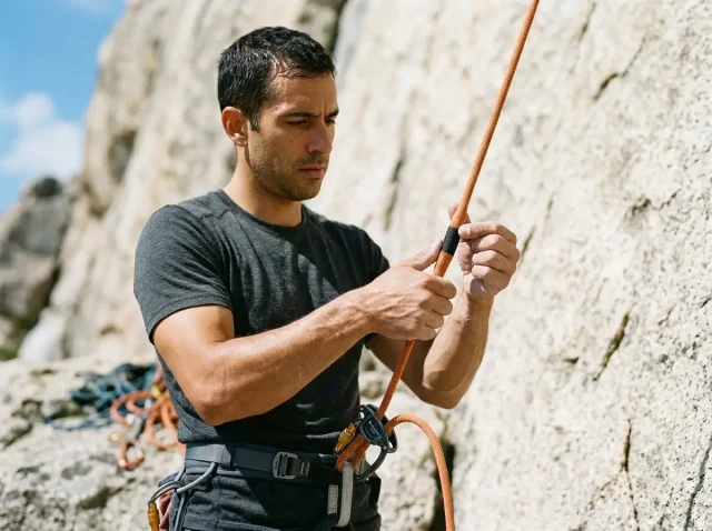 climbing-rope-middle-mark-hero-safety-check Climber inspecting climbing rope middle mark at granite crag before leading sport route — safety check