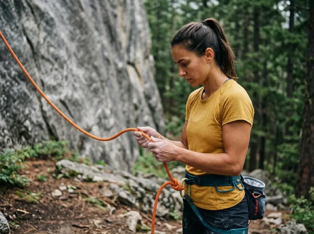Climber meticulously inspecting a rental climbing rope for core damage before climbing.