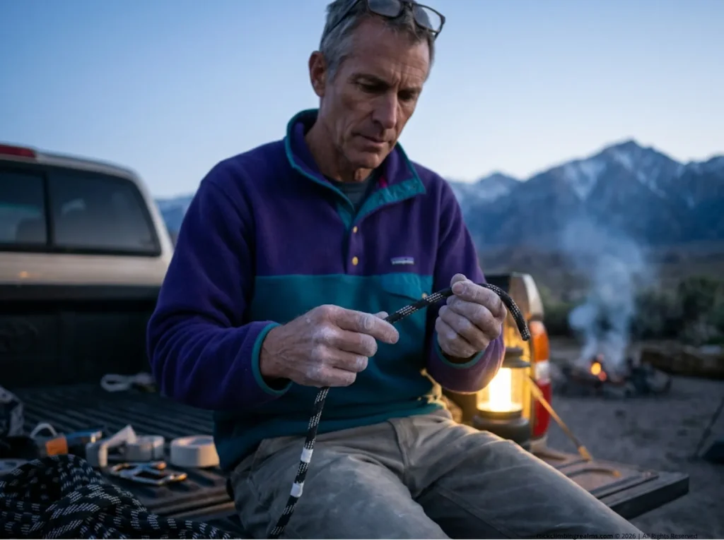 Climber inspecting a climbing rope for core damage at a desert campsite