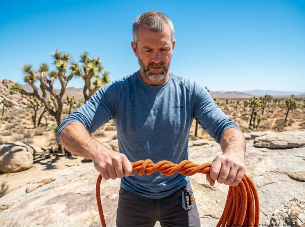 Climber demonstrating twist and mechanical memory in a heavy kernmantle rope