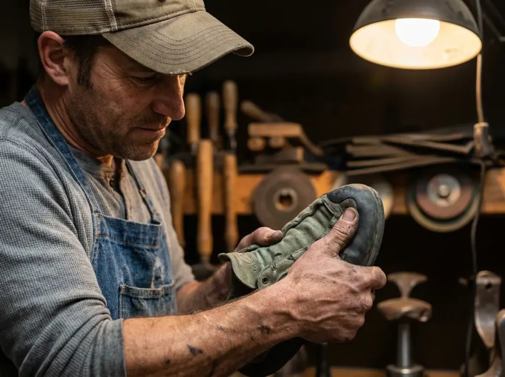 Cobbler inspecting the rand on La Sportiva climbing shoes