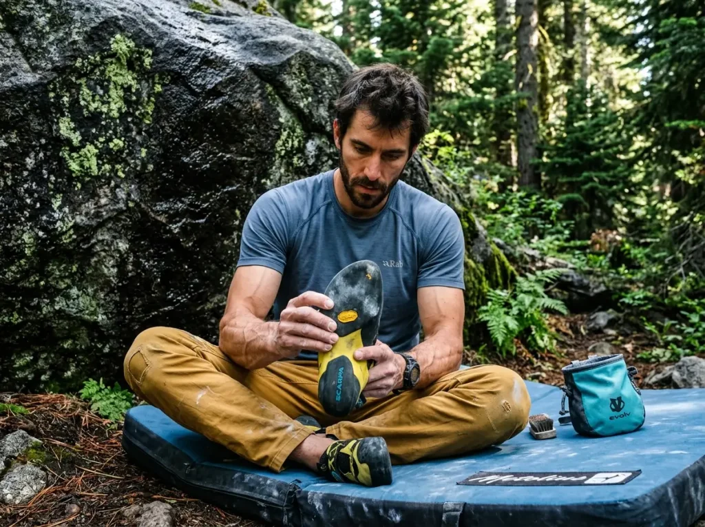 Climber inspecting shoe rubber friction failure on wet rock