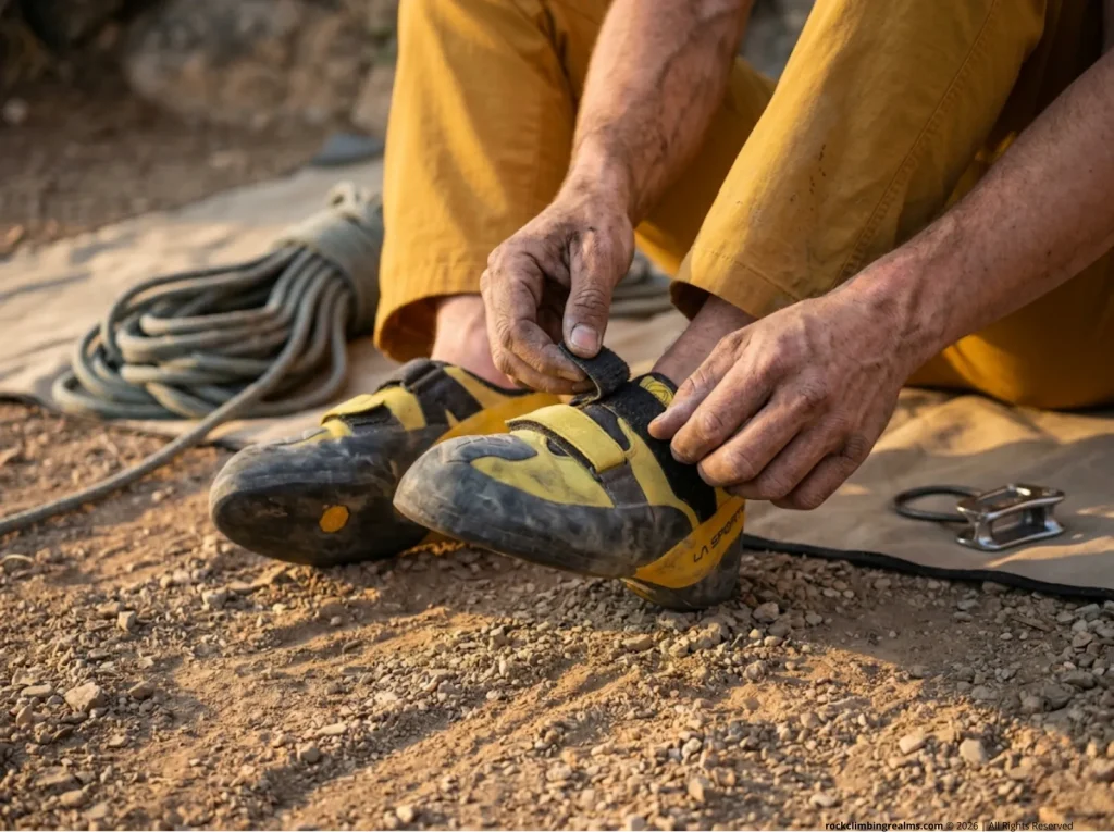 Climber's calloused hands adjusting velcro climbing shoes featuring high friction rubber at the crag
