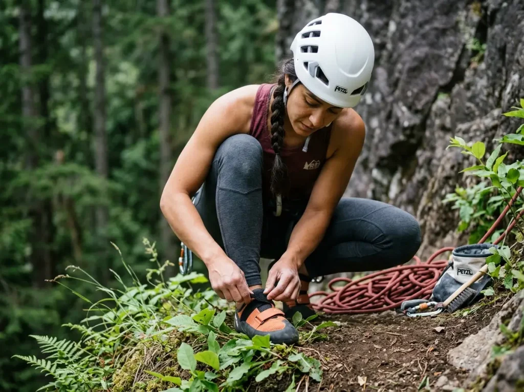 Female adjusting shoe straps near trail vegetation where climbers spread invasive species unknowingly.