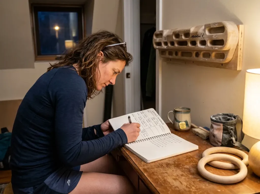 Climber writing out sleep schedule in a training journal beside a hangboard setup