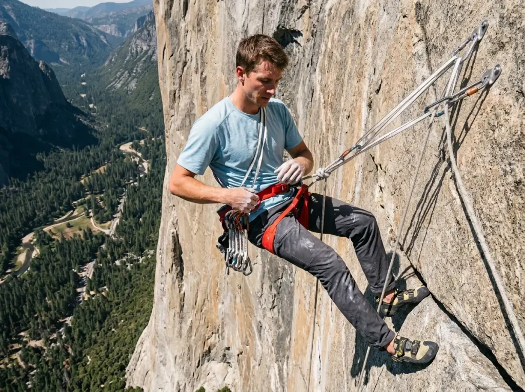 Climber hanging at a high belay station organizing slings and harness