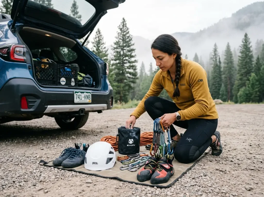Climber sorting specialized gear for different disciplines