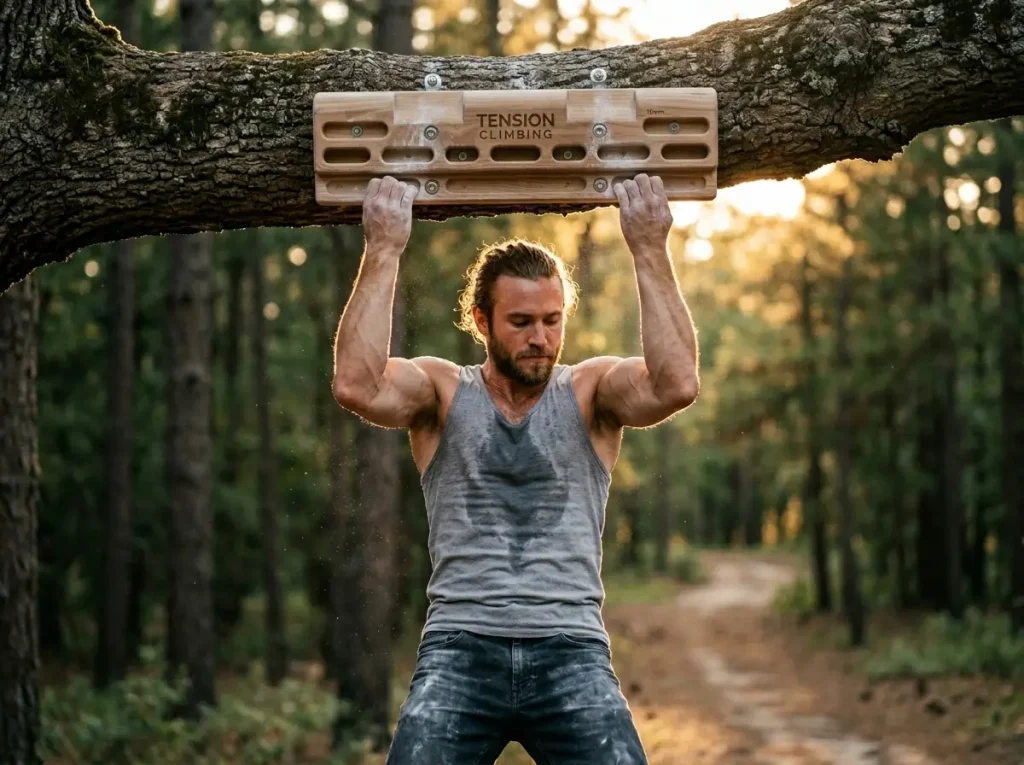 Climber training finger strength on a wooden board