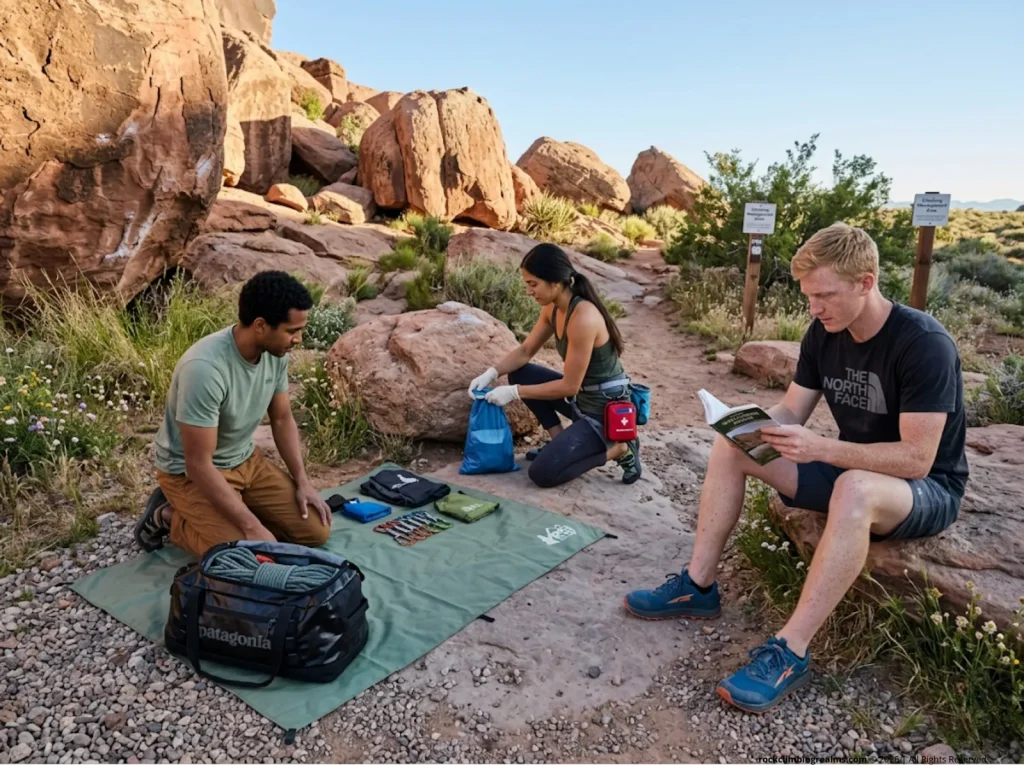Climbers practicing Leave No Trace ethics at desert bouldering crag with ground cloth and wag bags