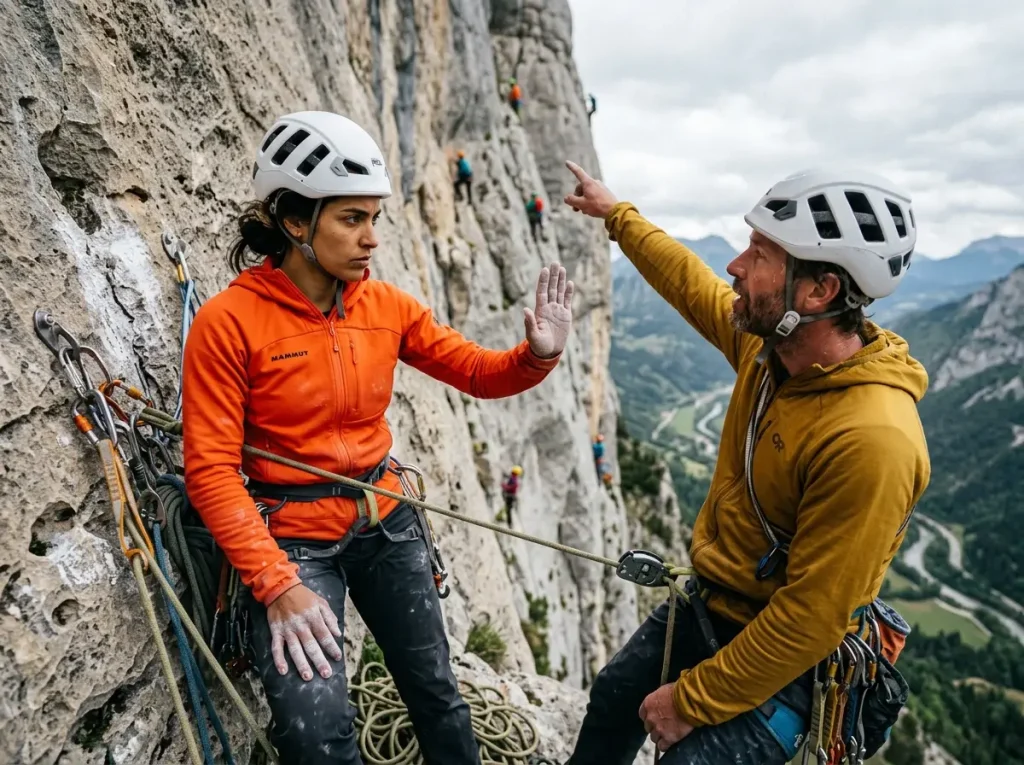 Climbers at hanging belay discussing when to bail on a climb decision framework