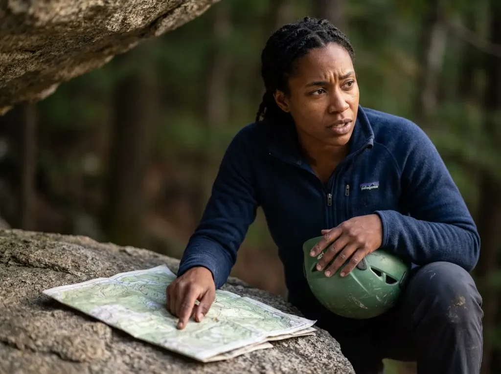 Climbers reading topography map considering indigenous land access