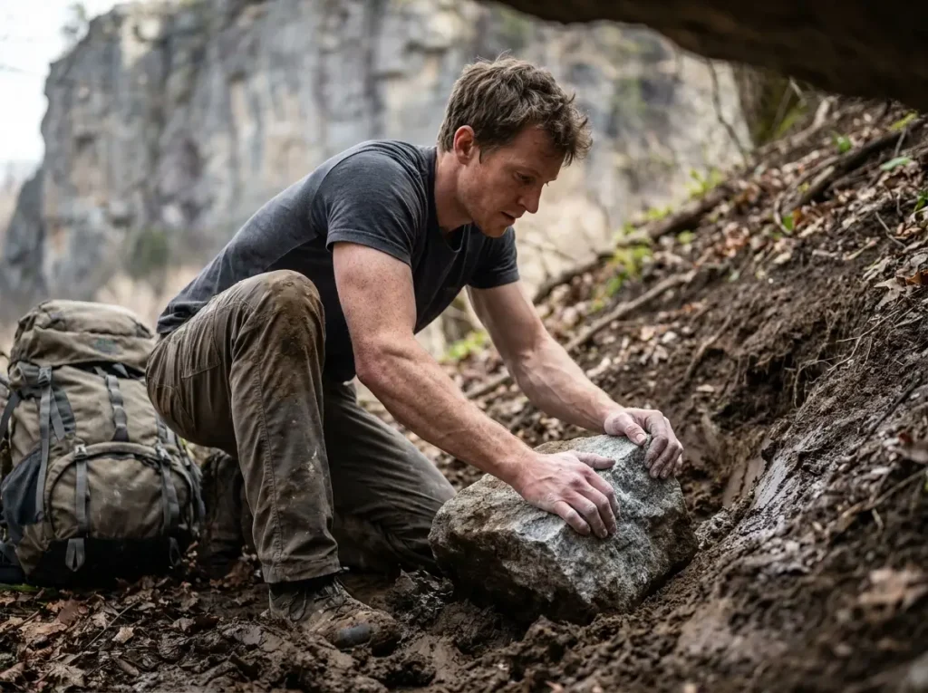 Climber placing a heavy granite block to fix a trail rut