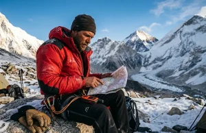 Climbing Travel Insurance Red Flags Pros Check Expert checking satellite locator, highlighting climbing travel insurance what to look for.