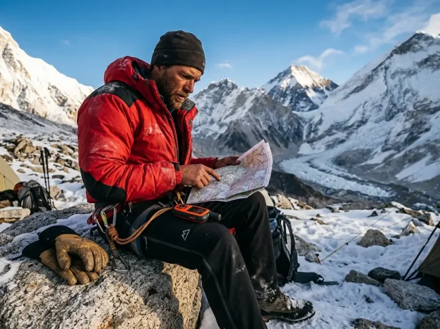 climbing-travel-insurance-what-to-look-for Expert checking satellite locator, highlighting climbing travel insurance what to look for.