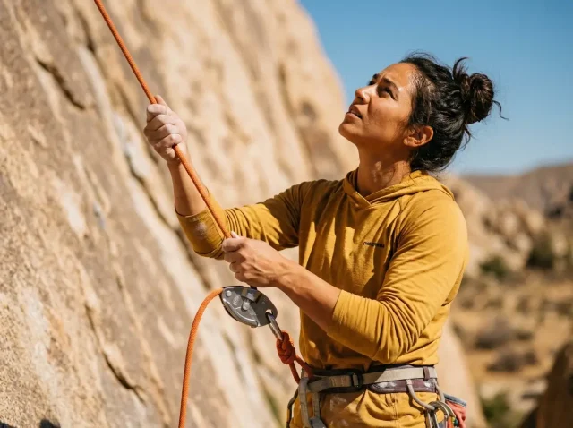 climbing-youtube-channels-worth-watching Female rock climber belaying with a Petzl GriGri at the base of a granite cliff
