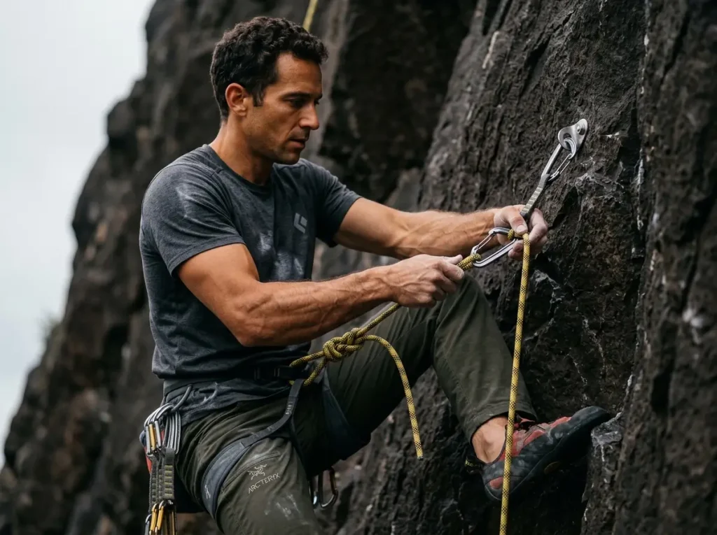 Sport climber clipping quickdraw at correct waist height on basalt route to prevent clipping fall accident