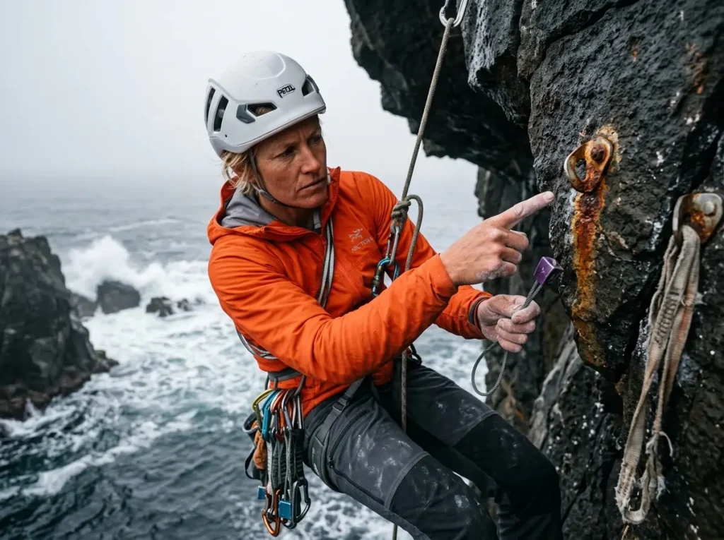 Climber analyzing a corroded coastal anchor bolt affected by SCC at Jo-ga-shima