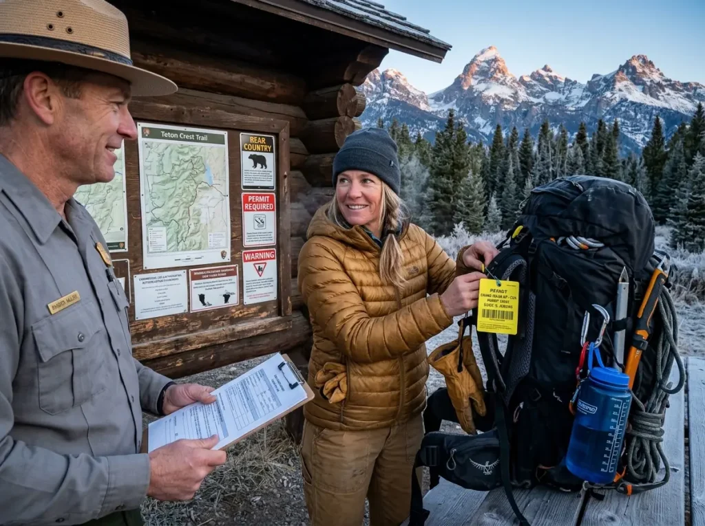 Professional mountain guide organizing commercial use authorization permit tags with a national park ranger