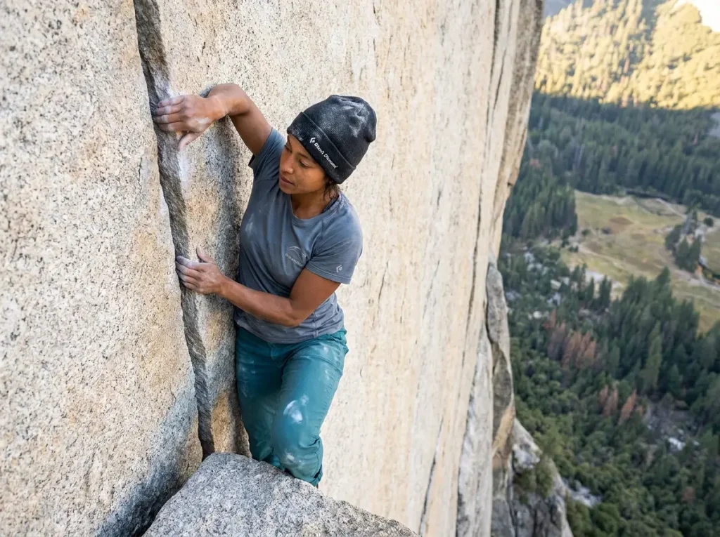 Climber on a beautiful granite splitter crack in Yosemite showing the pure vertical line