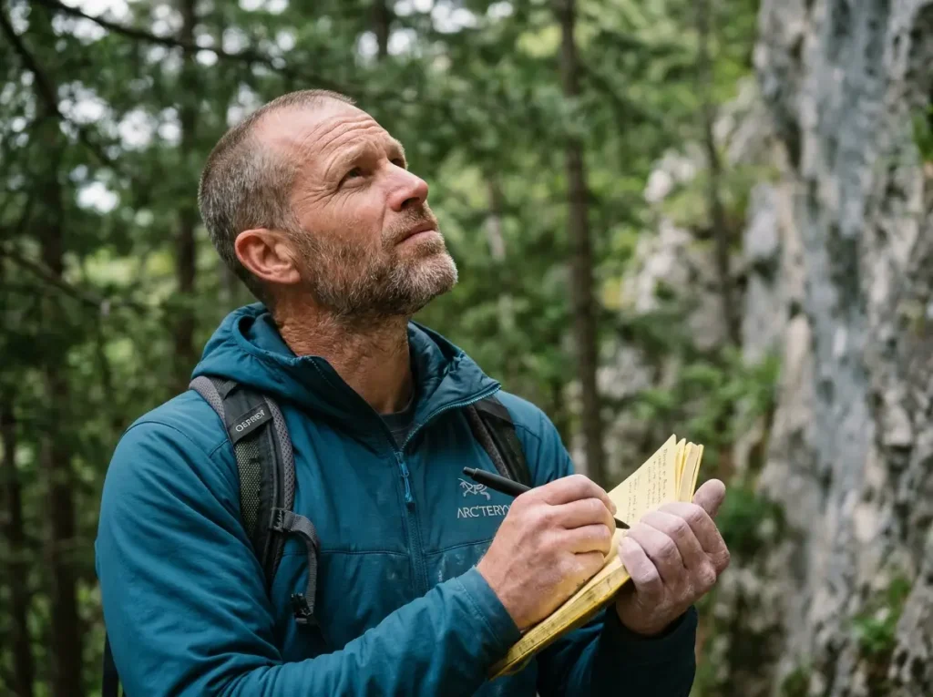 Crag steward taking notes during a climbing cleanup assessment