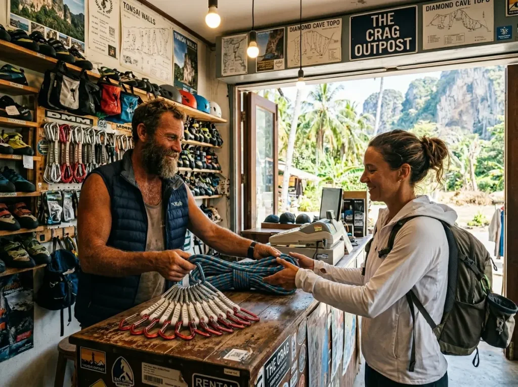 Local gear shop outfitter renting a full rack of climbing equipment to a traveling climber.