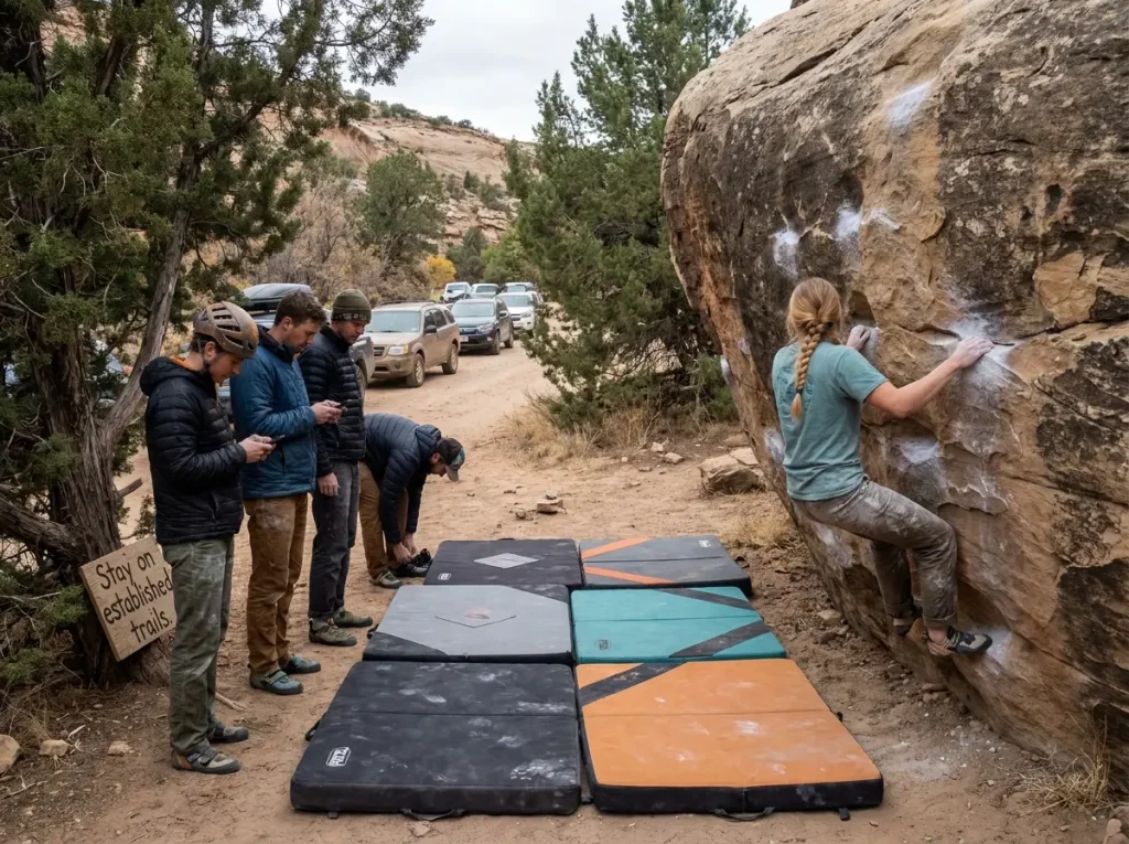 Crowded outdoor bouldering area with multiple crash pads and climbers lined up