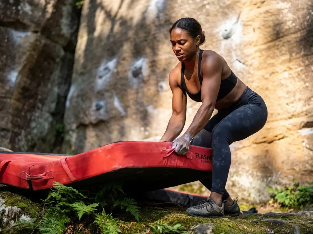 Boulderer lifting a crash pad carefully over crag vegetation