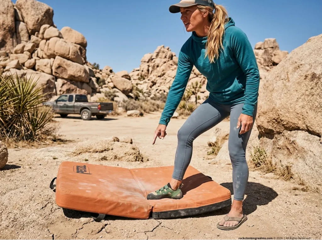 Female boulderer demonstrating a collapsed crash pad showing foam compression set failure