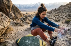 Why Your Crash Pad Foam Dies in Two Seasons Female boulderer climbing above an Organic crash pad demonstrating why crash pad foam types open vs closed cell matter