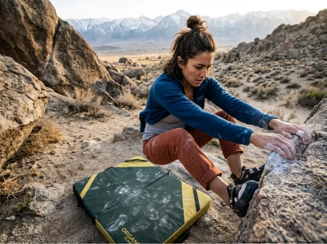 crash-pad-foam-types-open-vs-closed-cell-hero Female boulderer climbing above an Organic crash pad demonstrating why crash pad foam types open vs closed cell matter