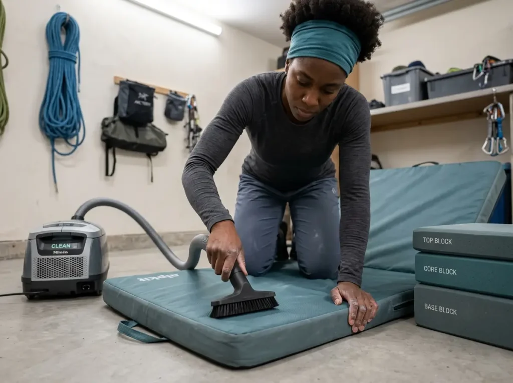 Climber using HEPA vacuum tamping technique to clean Alpkit crash pad without fraying nylon fibers