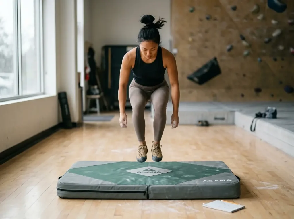Climber performing 1-meter jump test on Asana crash pad to assess foam ground-fall threshold safety