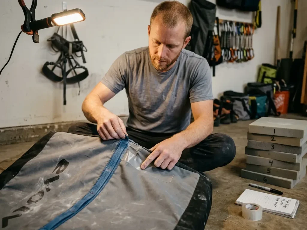 Climber applying Gear Aid Tenacious Tape to crash pad shell seam during repair vs retire assessment