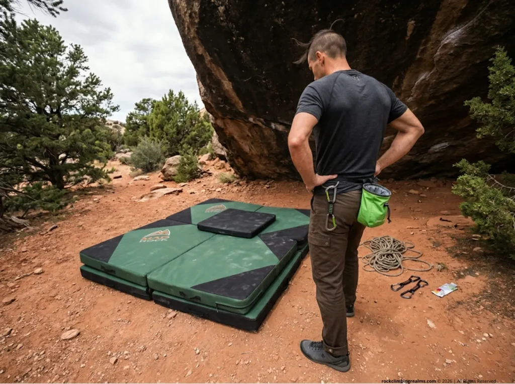 Climber configuring stacked crash pad landing zone with blubber pad coverage for highball bouldering fall safety