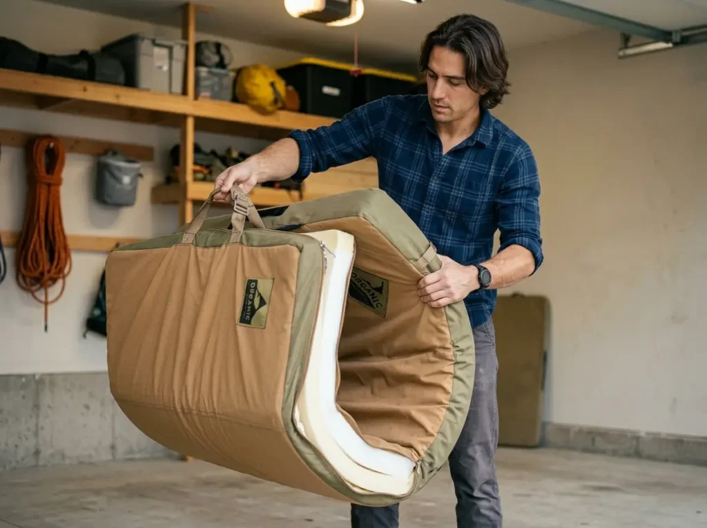 Climber unfolding Organic Climbing crash pad flat for correct storage to prevent foam compression set