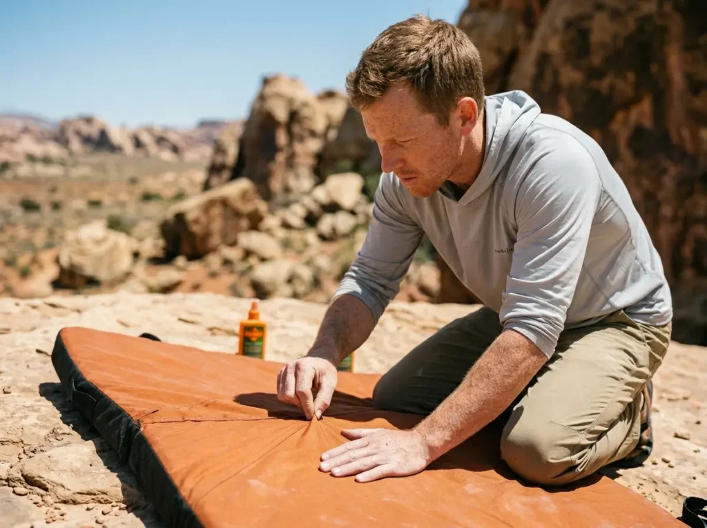 Climber inspecting Metolius Session II crash pad shell for UV degradation at high-desert sandstone crag