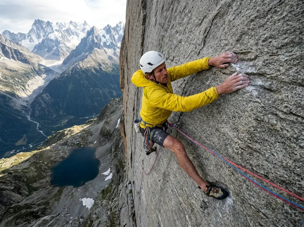 Climber executing a runout traverse on a technical alpine route