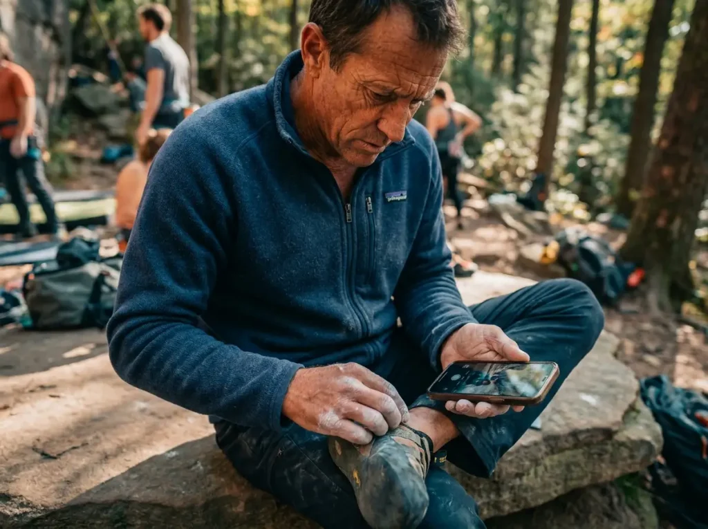 Experienced rock climber analyzing technique beta on a smartphone.