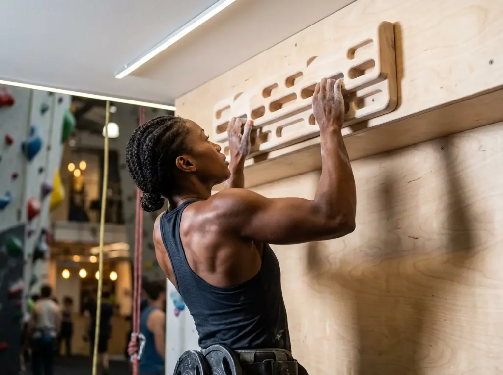 Fit female rock climber performing a half-crimp hang on a training board.
