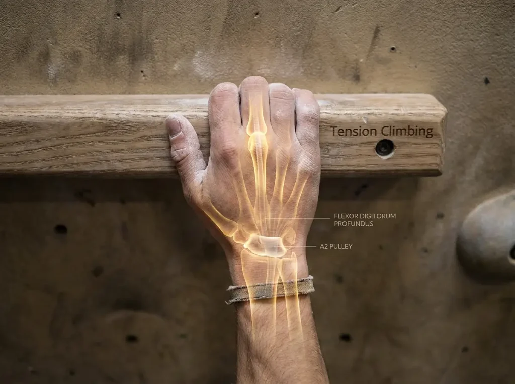 Anatomical illustration overlay showing A2 pulley and finger flexor tendons during dead hang load
