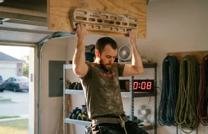 Dead Hang Benefits and How to Build a Progression Climber doing active dead hang on Metolius hangboard in home training space with focused expression
