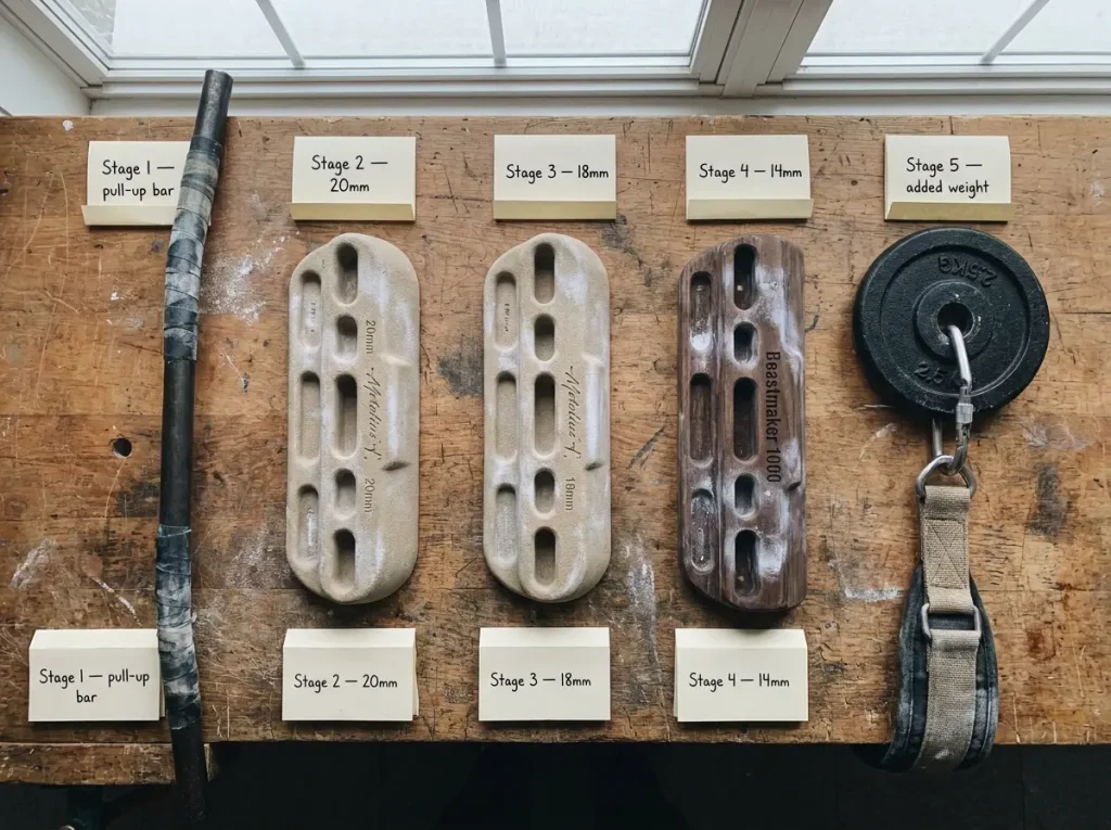 Five hangboard edges of decreasing depth arranged in a row showing progression from 20mm to added weight