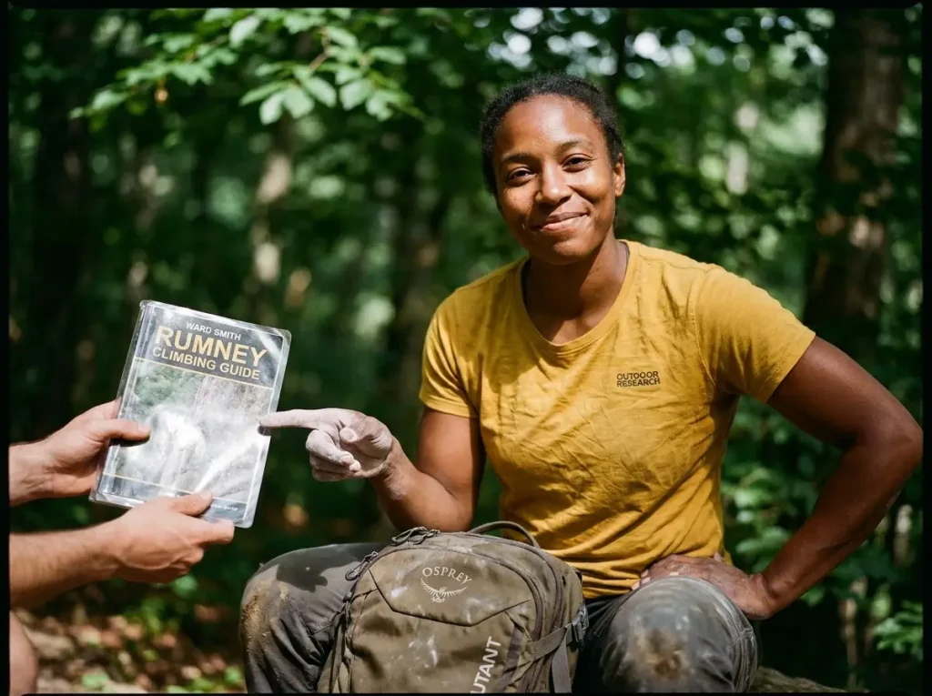 Two climbers reviewing a guidebook at a shaded trail base to avoid crowds on a busy weekend.