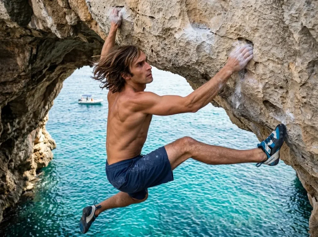 Deep-water soloist on a sea arch above the Mediterranean, the psicobloc style Chris Sharma pioneered
