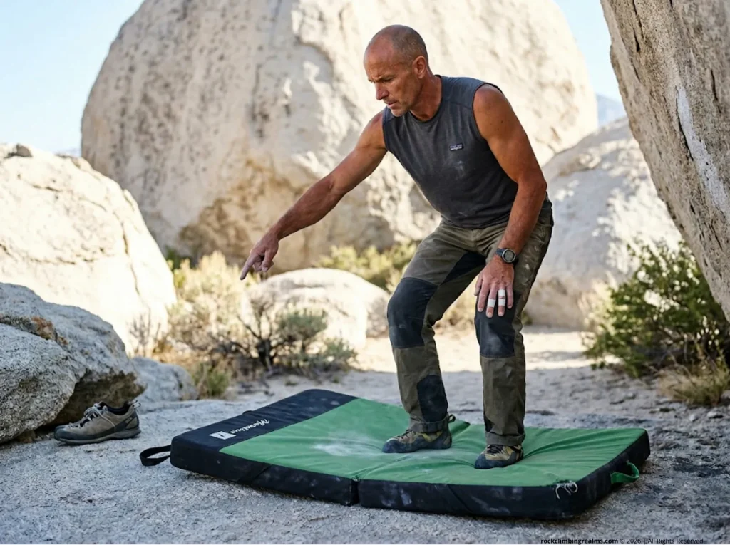 Testing a used crash pad for bottoming out on flat rock