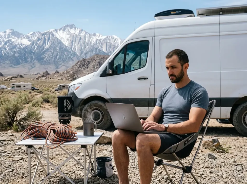 Remote worker demonstrating the economics of what is dirtbag climbing lifestyle really like today.