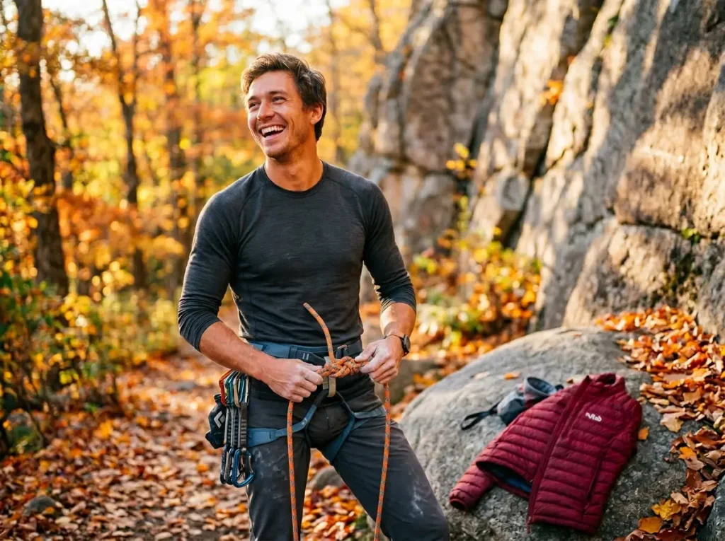 Smiling climber confidently tying a figure eight knot at the base of a sunny crag.