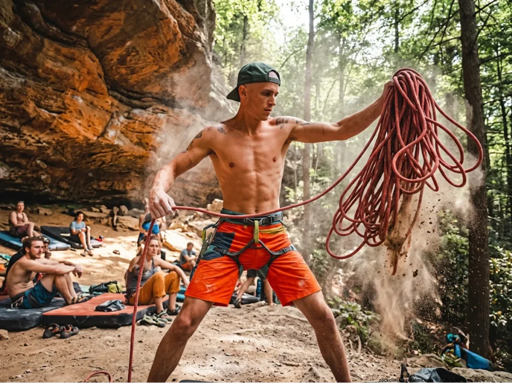 Climber flipping a pile of climbing rope during a double flake to remove twists